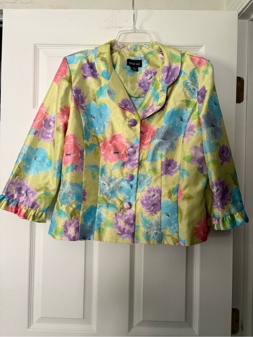 Leslie Fay Pastel Floral Green Blue Purple Pink Blazer Jacket Women’s Size 16